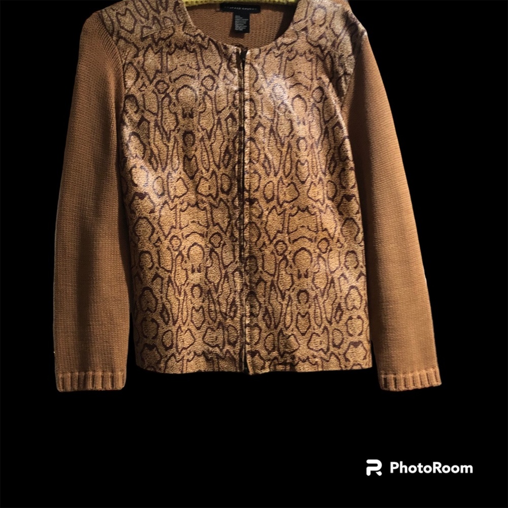 Maurice Sasson Woman Sweater Brown Leather Cotton Zip Up Jacket Sz L